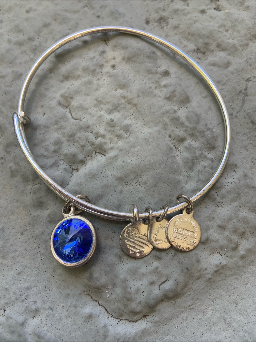 Alex and Ani Silver Bangle with Royal Blue Crystal Charm